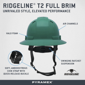 Pyramex HPT256135V Ridgeline T2 Vented Full Brim Hard Hat - 6-Point Ratchet Suspension - Green