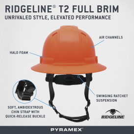Pyramex HPT256141V Ridgeline T2 Vented Full Brim Hard Hat - 6-Point Ratchet Suspension - Hi-Vis Orange