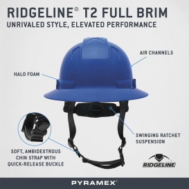 Pyramex HPT256160 Ridgeline T2 Full Brim Hard Hat - 6-Point Ratchet Suspension - Blue