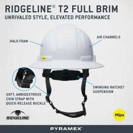 Pyramex HPT256110M Ridgeline T2 Full Brim Hard Hat with MIPS - 6 Point Suspension - White